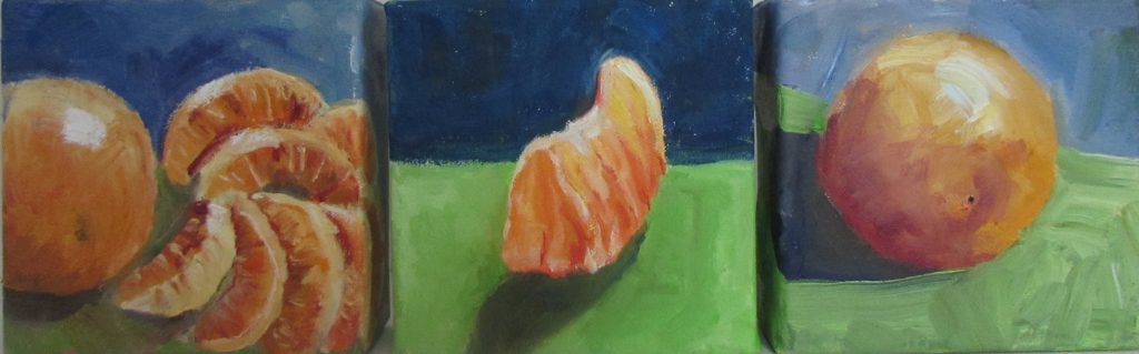 The Oranges in a Row 5 x 5 each Oil on Canvas Artist: Susan Tyler