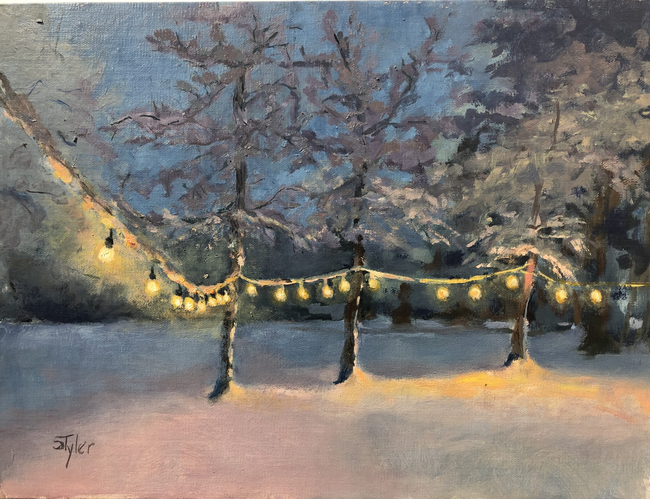 Original oil painting of a snowy evening at dusk. The fading light is overcome with the effect of a string of yard lights strung between the trees. The light effect makes the scene magical.